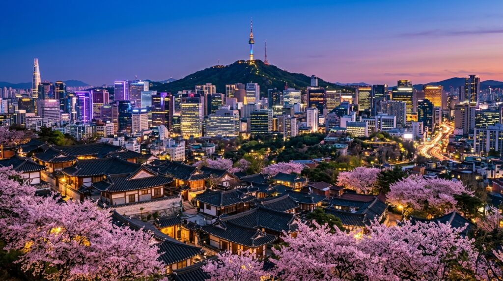 Vue de Séoul au crépuscule avec des maisons traditionnelles, des cerisiers en fleurs et la tour N Seoul