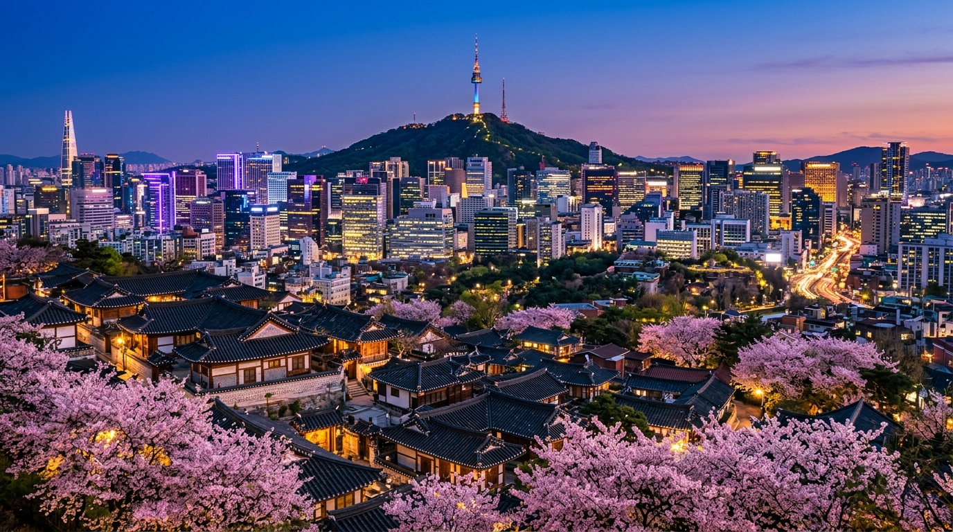 Vue de Séoul au crépuscule avec des maisons traditionnelles, des cerisiers en fleurs et la tour N Seoul
